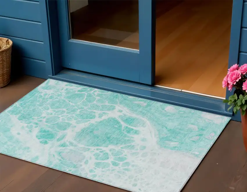 Aqua Teal Blue And Ivory Nautical Washable Indoor Outdoor Area Rug Photo 1