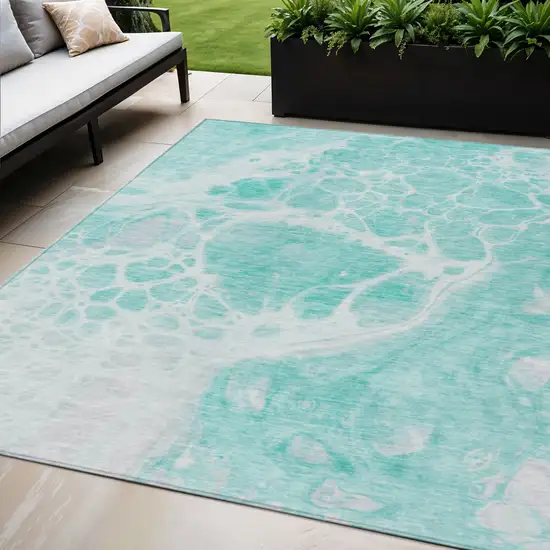 Aqua Teal Blue And Ivory Nautical Washable Indoor Outdoor Area Rug Photo 1