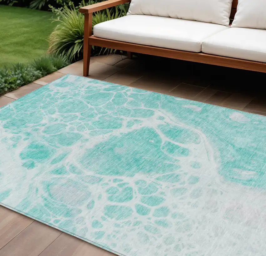 Aqua Teal Blue And Ivory Nautical Washable Indoor Outdoor Area Rug Photo 1