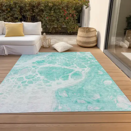 Aqua Teal Blue And Ivory Nautical Washable Indoor Outdoor Area Rug Photo 8