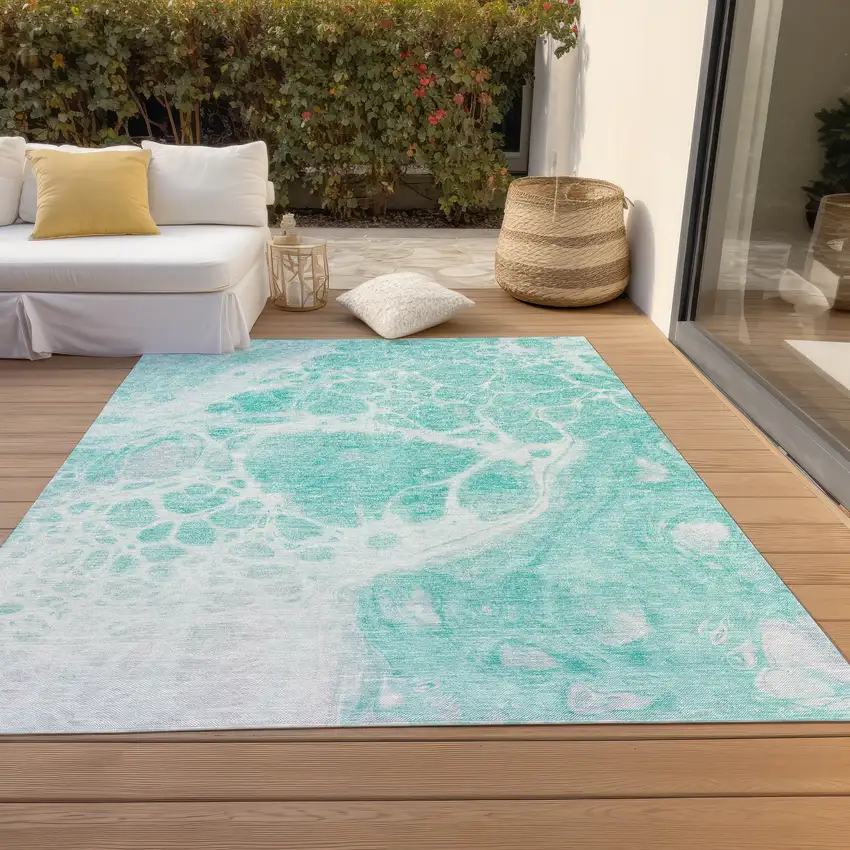 Aqua Teal Blue And Ivory Nautical Washable Indoor Outdoor Area Rug Photo 8