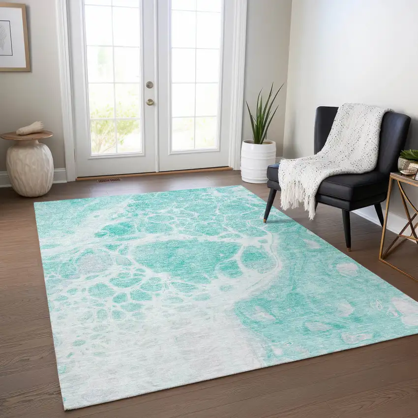 Aqua Teal Blue And Ivory Nautical Washable Indoor Outdoor Area Rug Photo 9