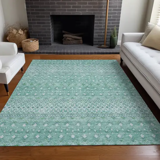 Aqua Teal Blue And Ivory Tribal Washable Indoor Outdoor Area Rug Photo 6