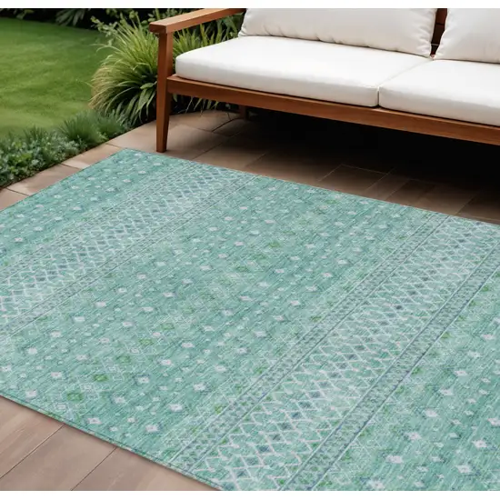 Aqua Teal Blue And Ivory Tribal Washable Indoor Outdoor Area Rug Photo 1