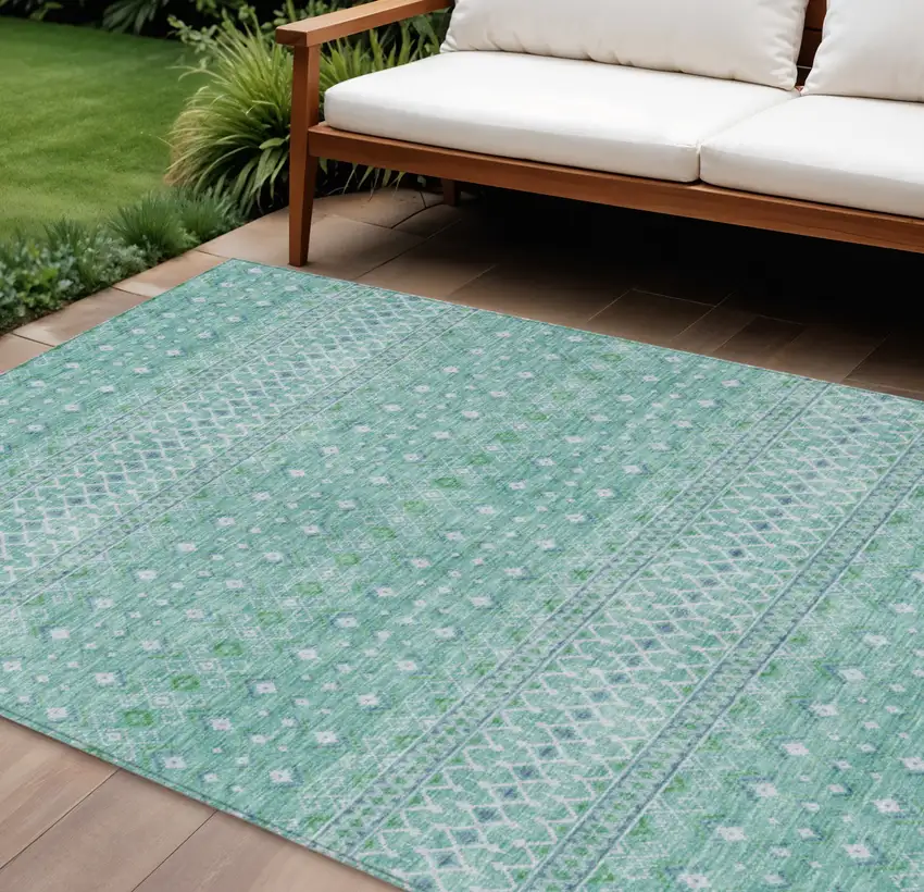 Aqua Teal Blue And Ivory Tribal Washable Indoor Outdoor Area Rug Photo 1