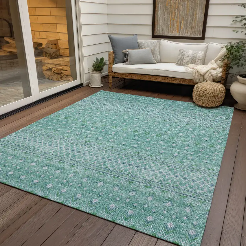 Aqua Teal Blue And Ivory Tribal Washable Indoor Outdoor Area Rug Photo 5