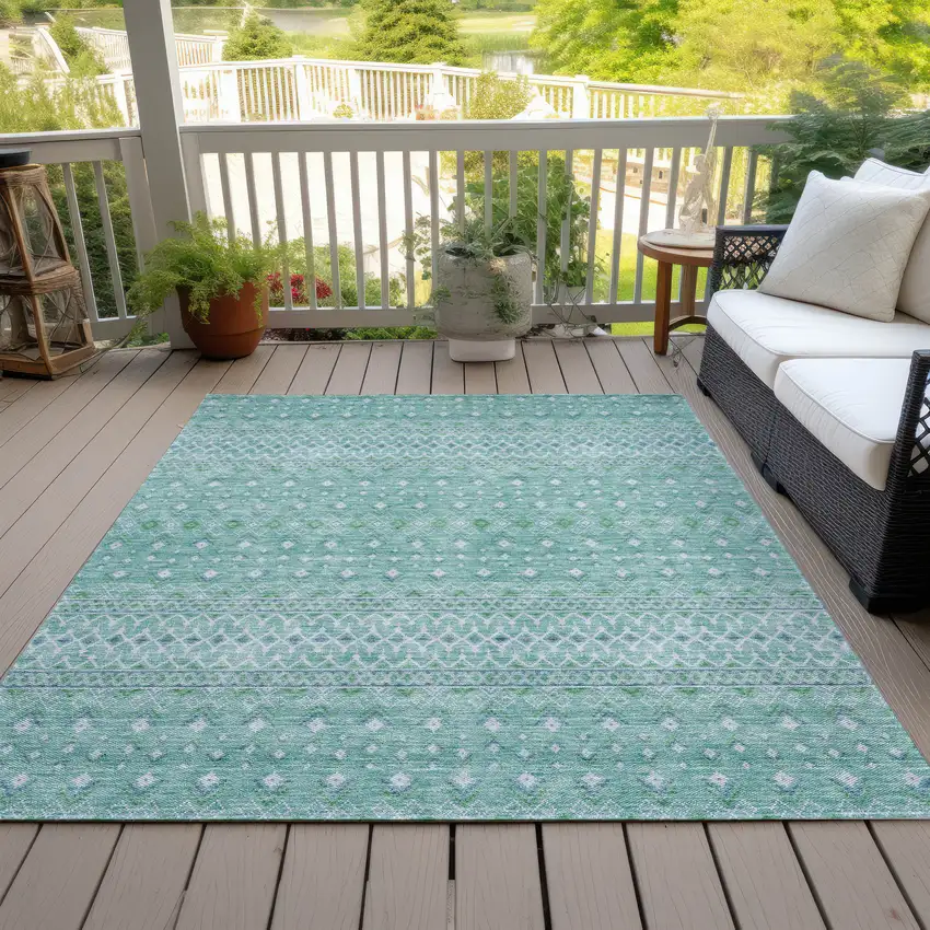 Aqua Teal Blue And Ivory Tribal Washable Indoor Outdoor Area Rug Photo 8