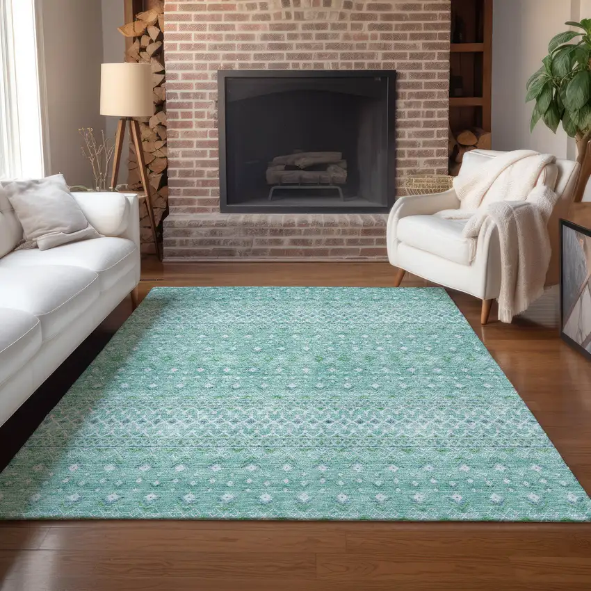 Aqua Teal Blue And Ivory Tribal Washable Indoor Outdoor Area Rug Photo 7