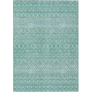Photo of Aqua Teal Blue And Ivory Tribal Washable Indoor Outdoor Area Rug