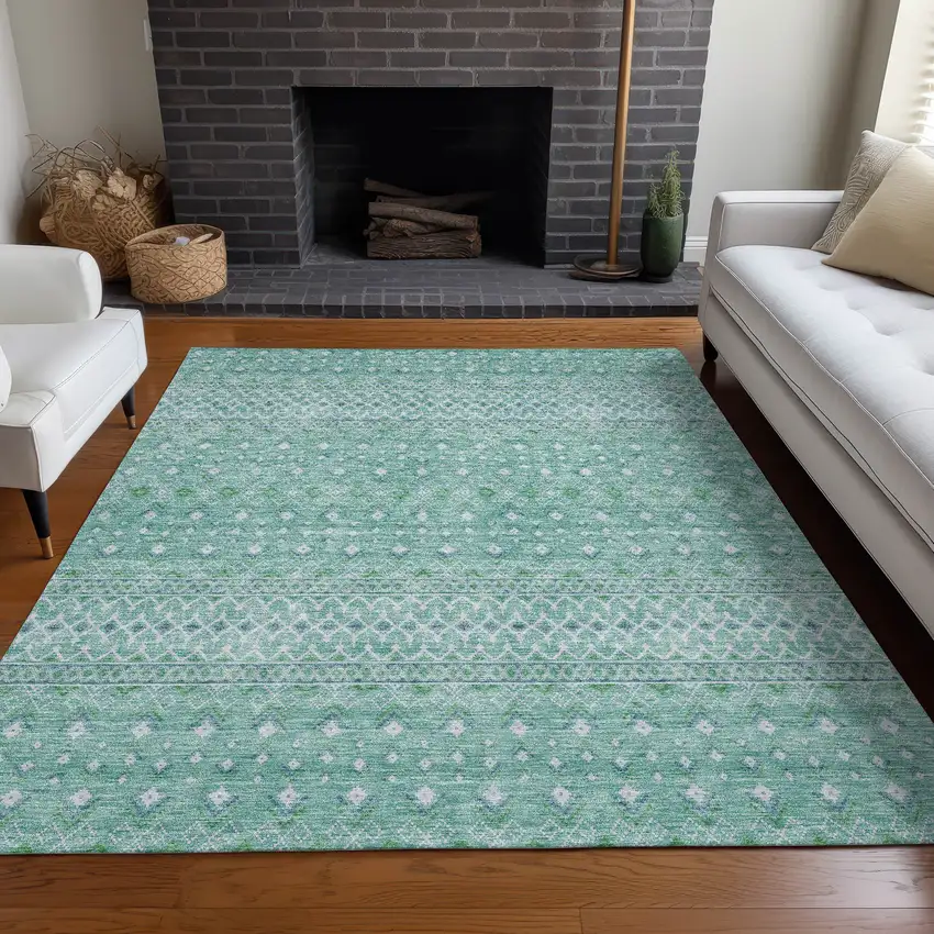 Aqua Teal Blue And Ivory Tribal Washable Indoor Outdoor Area Rug Photo 6