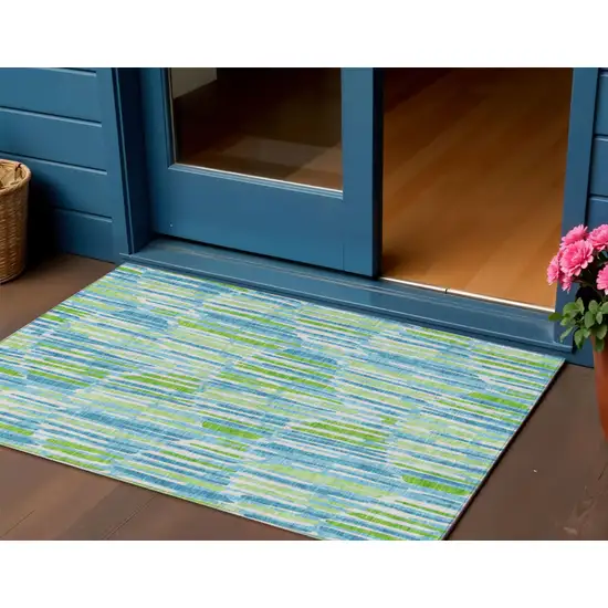 Aqua Teal Blue And Lime Green Abstract Washable Indoor Outdoor Area Rug Photo 1