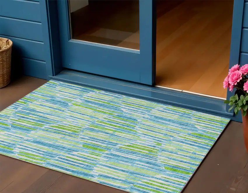 Aqua Teal Blue And Lime Green Abstract Washable Indoor Outdoor Area Rug Photo 1