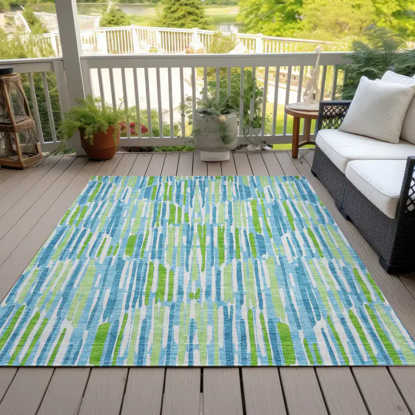 Aqua Teal Blue And Lime Green Abstract Washable Indoor Outdoor Area Rug Photo 7