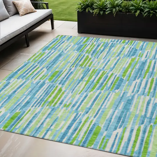 Aqua Teal Blue And Lime Green Abstract Washable Indoor Outdoor Area Rug Photo 1