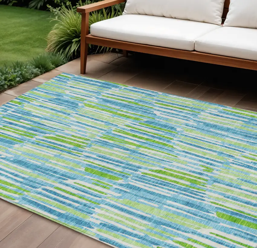 Aqua Teal Blue And Lime Green Abstract Washable Indoor Outdoor Area Rug Photo 1
