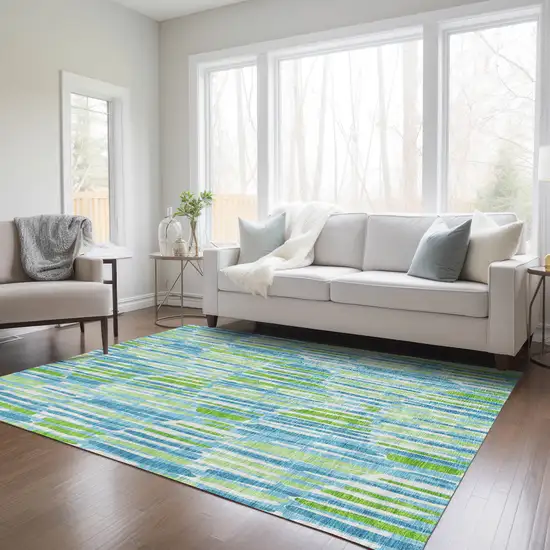 Aqua Teal Blue And Lime Green Abstract Washable Indoor Outdoor Area Rug Photo 9