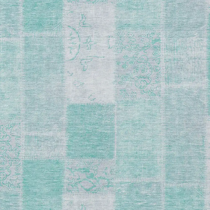 Aqua Teal Blue And Silver Patchwork Washable Indoor Outdoor Area Rug Photo 5