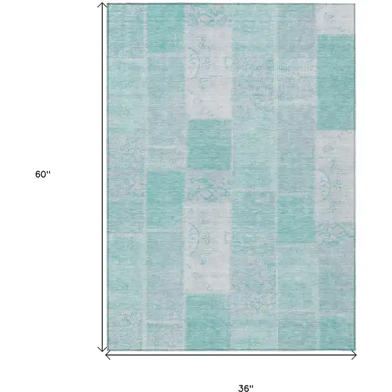 Aqua Teal Blue And Silver Patchwork Washable Indoor Outdoor Area Rug Photo 3