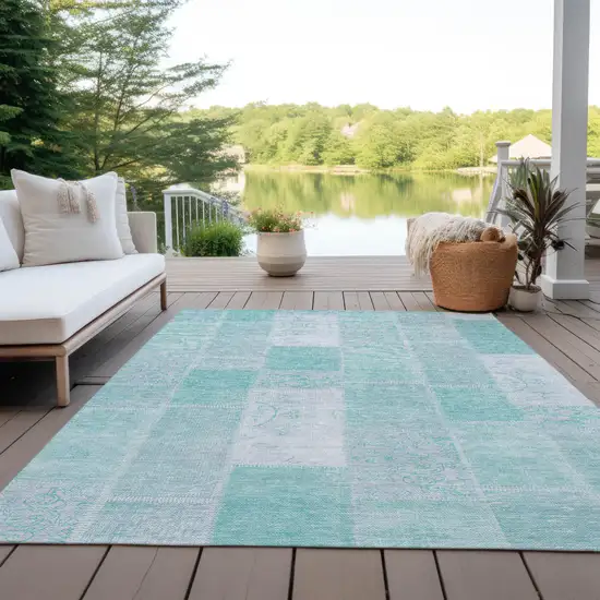 Aqua Teal Blue And Silver Patchwork Washable Indoor Outdoor Area Rug Photo 9