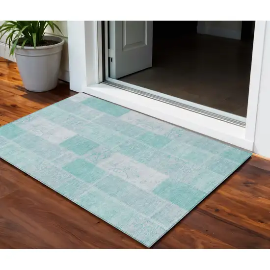 Aqua Teal Blue And Silver Patchwork Washable Indoor Outdoor Area Rug Photo 1