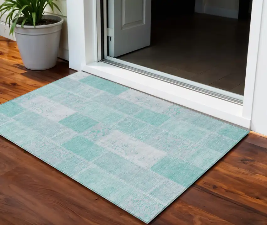 Aqua Teal Blue And Silver Patchwork Washable Indoor Outdoor Area Rug Photo 1