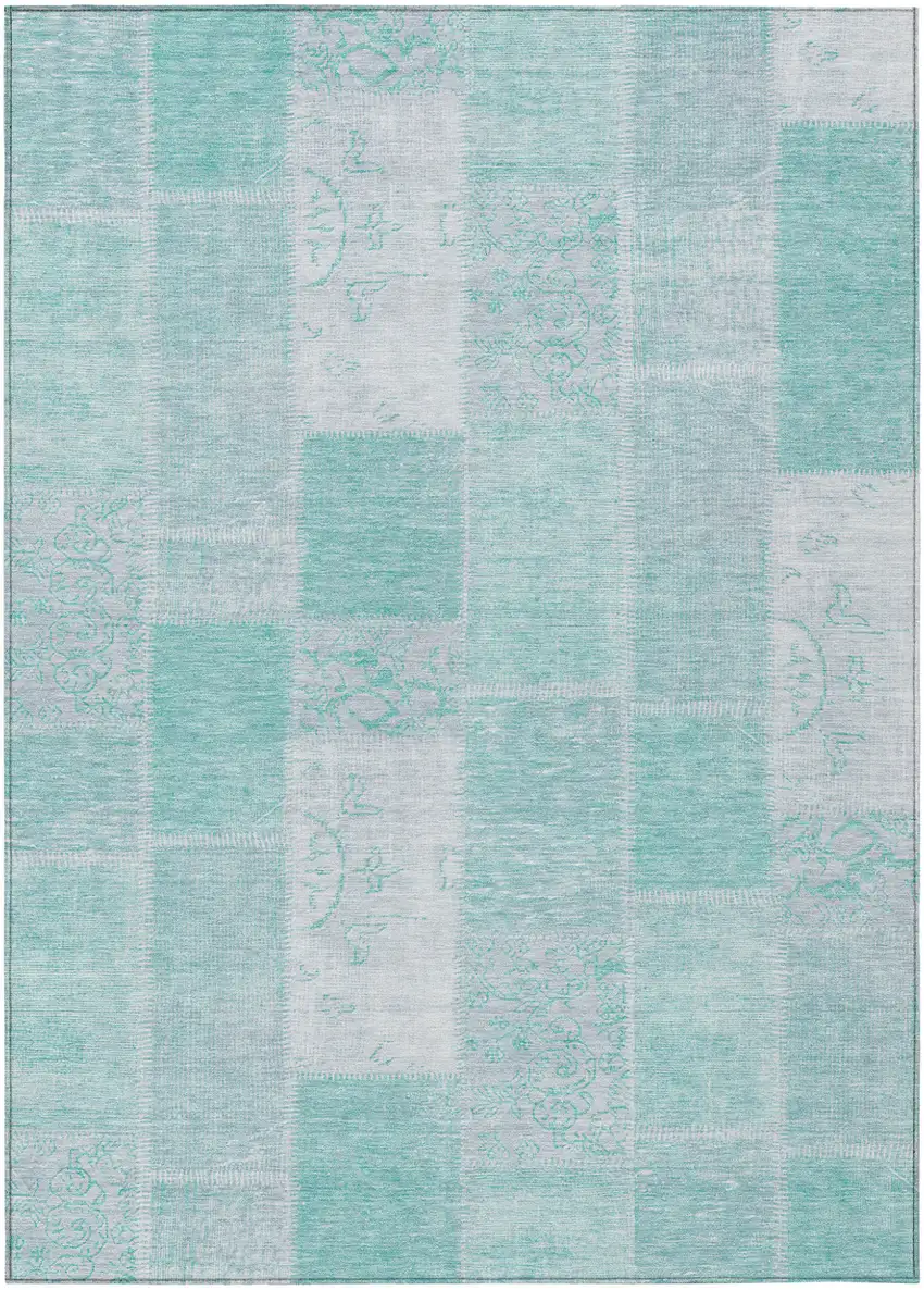 Aqua Teal Blue And Silver Patchwork Washable Indoor Outdoor Area Rug Photo 2