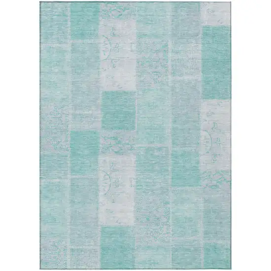 Aqua Teal Blue And Silver Patchwork Washable Indoor Outdoor Area Rug Photo 1