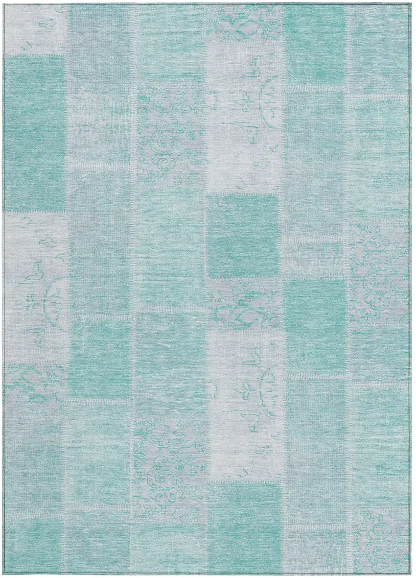 Aqua Teal Blue And Silver Patchwork Washable Indoor Outdoor Area Rug Photo 5