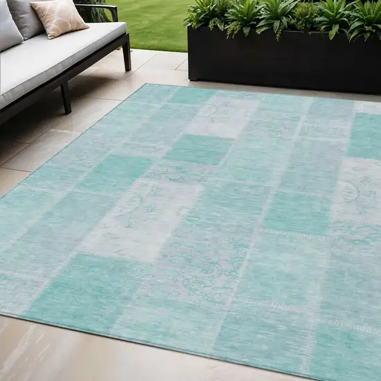 Aqua Teal Blue And Silver Patchwork Washable Indoor Outdoor Area Rug Photo 1