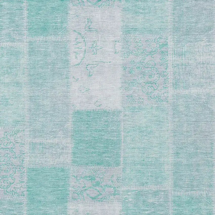 Aqua Teal Blue And Silver Patchwork Washable Indoor Outdoor Area Rug Photo 5