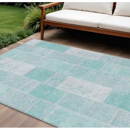 Aqua Teal Blue And Silver Patchwork Washable Indoor Outdoor Area Rug Photo 1