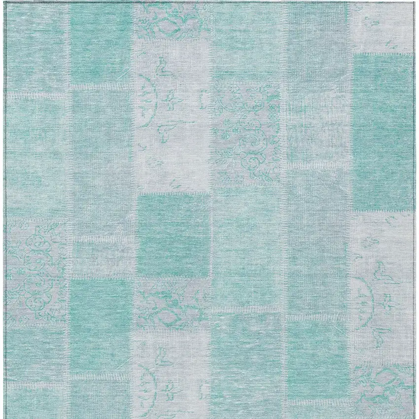 Aqua Teal Blue And Silver Patchwork Washable Indoor Outdoor Area Rug Photo 4