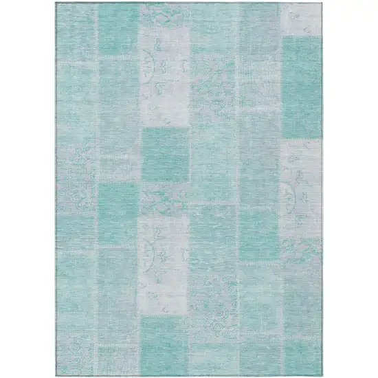 Aqua Teal Blue And Silver Patchwork Washable Indoor Outdoor Area Rug Photo 1