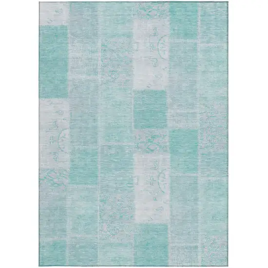 Aqua Teal Blue And Silver Patchwork Washable Indoor Outdoor Area Rug Photo 5
