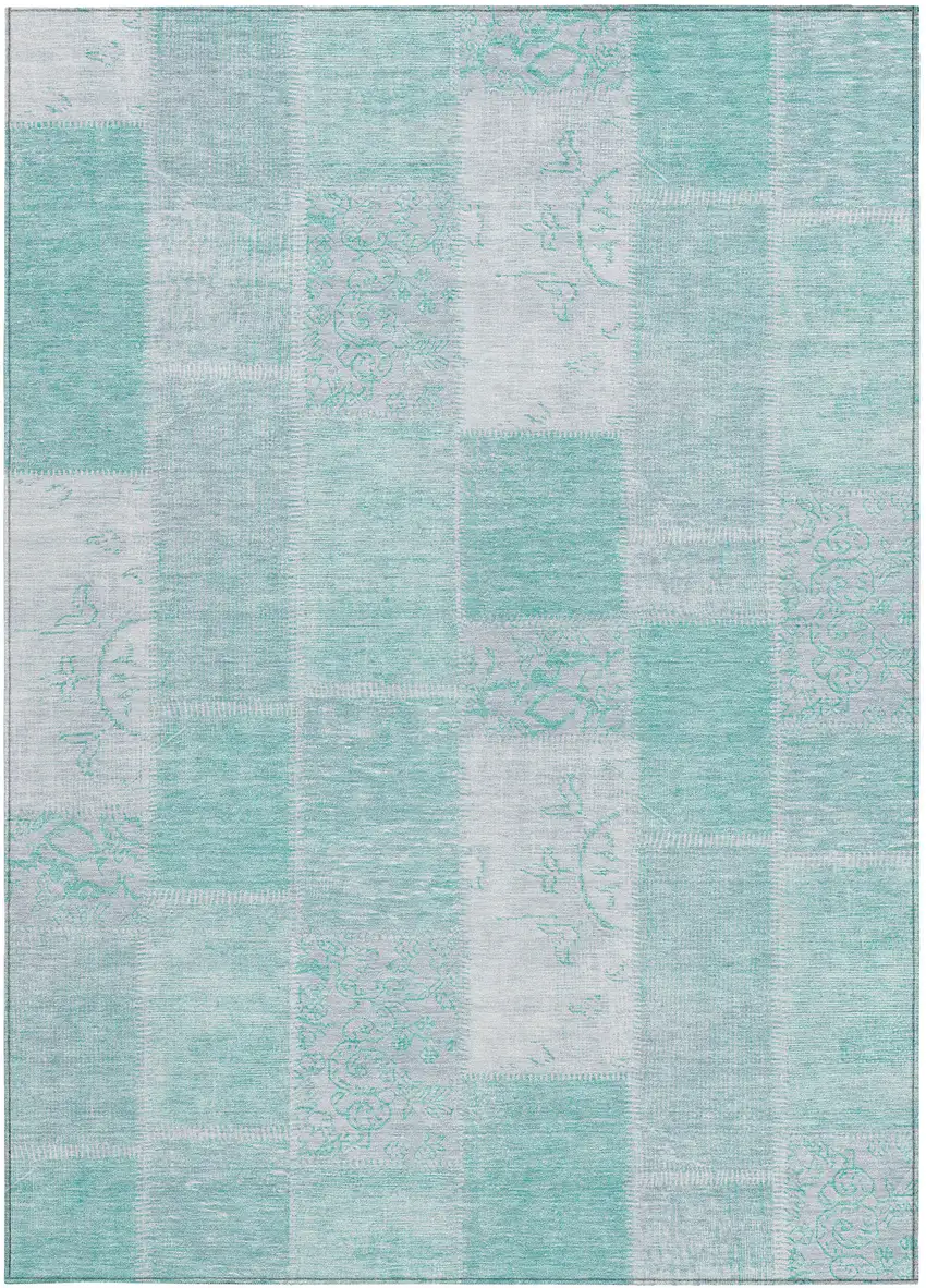 Aqua Teal Blue And Silver Patchwork Washable Indoor Outdoor Area Rug Photo 5