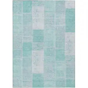 Photo of Aqua Teal Blue And Silver Patchwork Washable Indoor Outdoor Area Rug