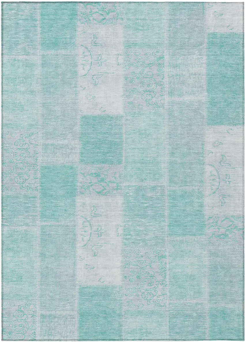 Aqua Teal Blue And Silver Patchwork Washable Indoor Outdoor Area Rug Photo 1