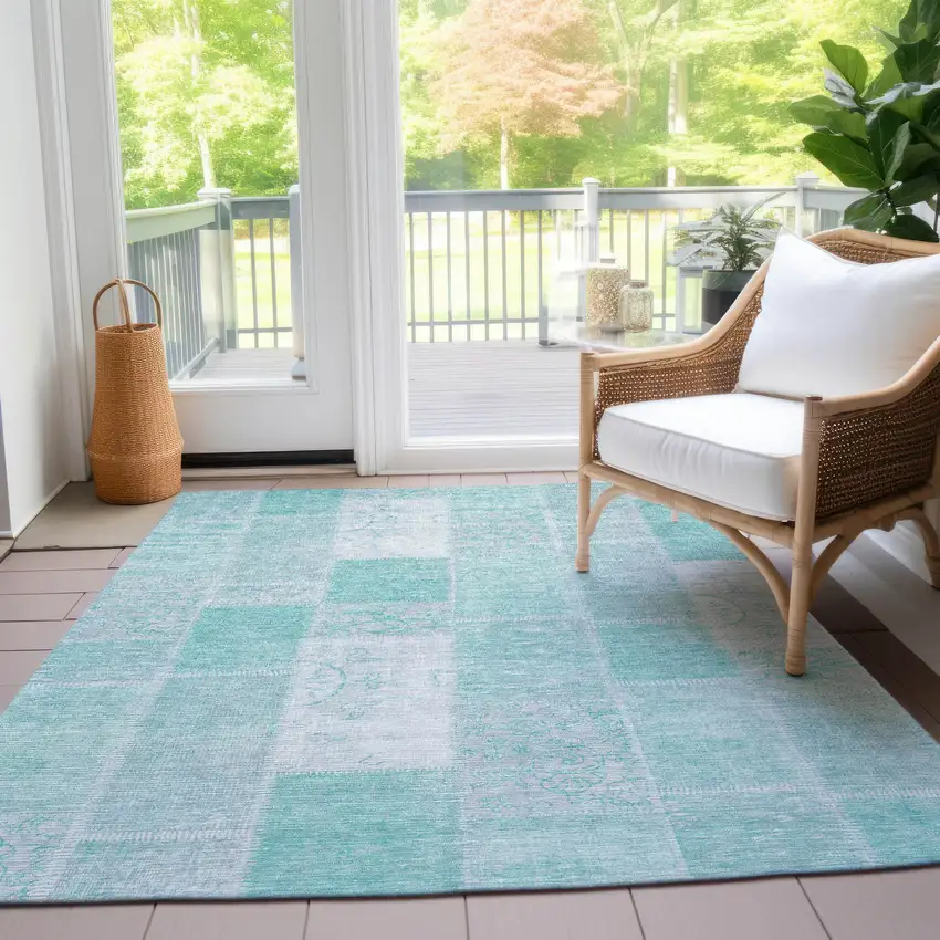 Aqua Teal Blue And Silver Patchwork Washable Indoor Outdoor Area Rug Photo 8