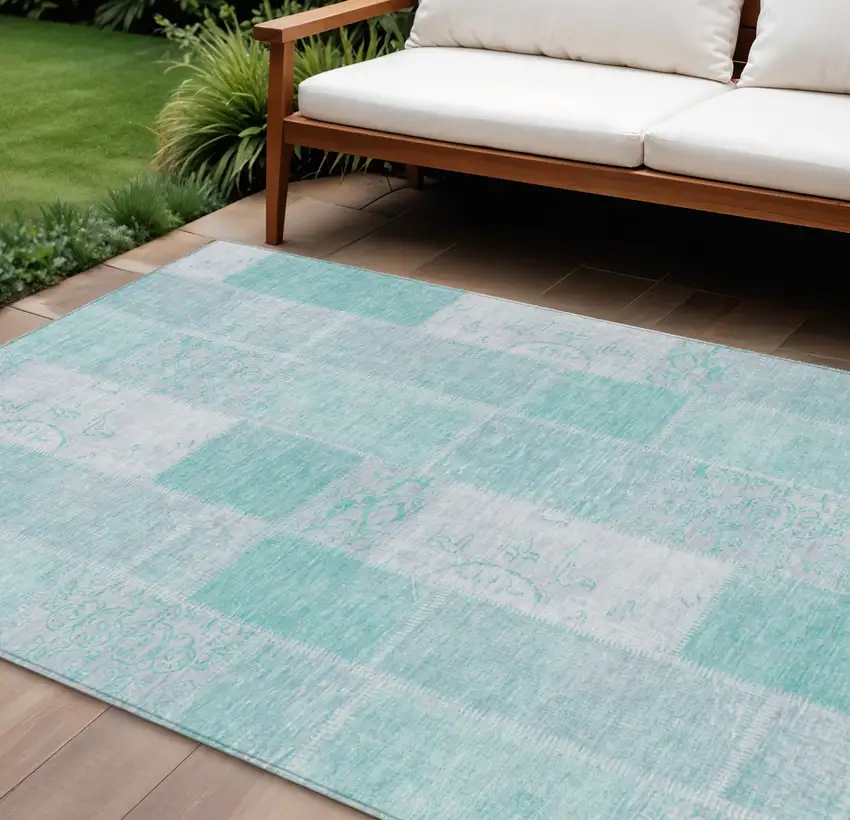 Aqua Teal Blue And Silver Patchwork Washable Indoor Outdoor Area Rug Photo 1