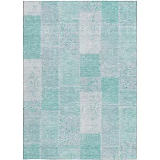 Aqua Teal Blue And Silver Patchwork Washable Indoor Outdoor Area Rug Photo 5