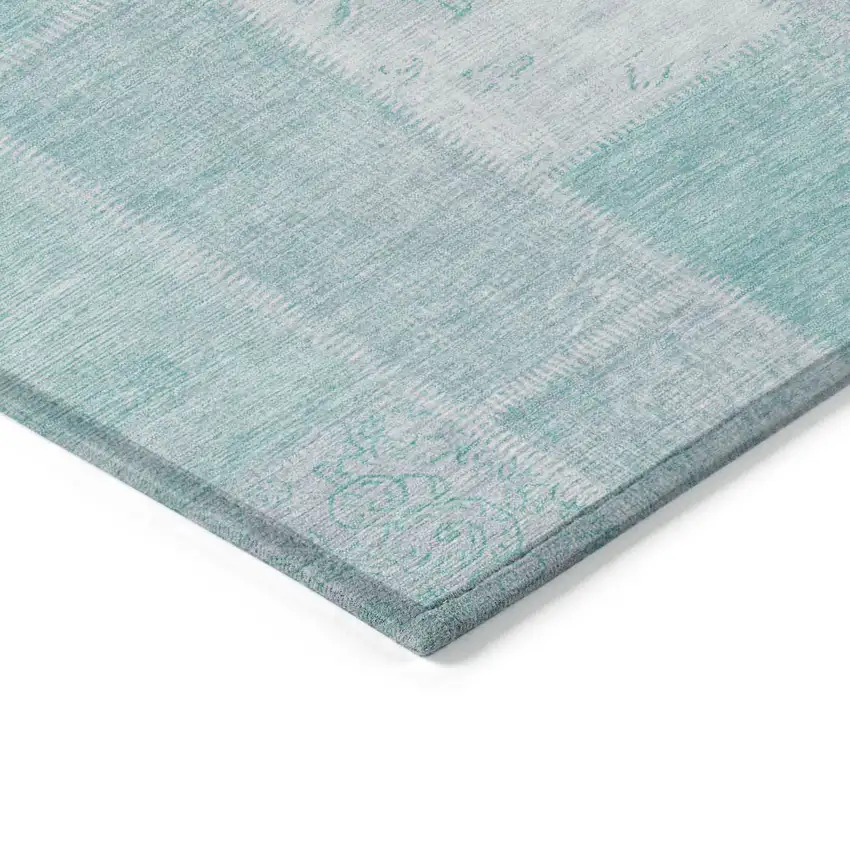 Aqua Teal Blue And Silver Patchwork Washable Indoor Outdoor Area Rug Photo 3