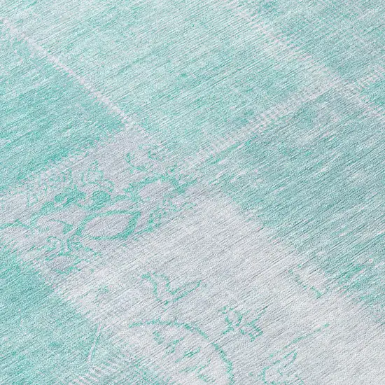 Aqua Teal Blue And Silver Patchwork Washable Indoor Outdoor Area Rug Photo 7