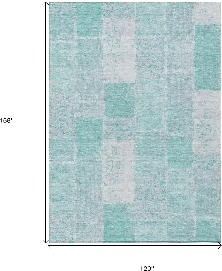 Aqua Teal Blue And Silver Patchwork Washable Indoor Outdoor Area Rug Photo 3