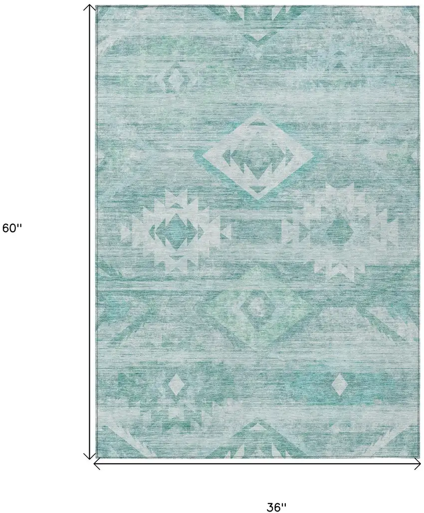 Aqua Turquoise And Ivory Southwestern Washable Indoor Outdoor Area Rug Photo 3