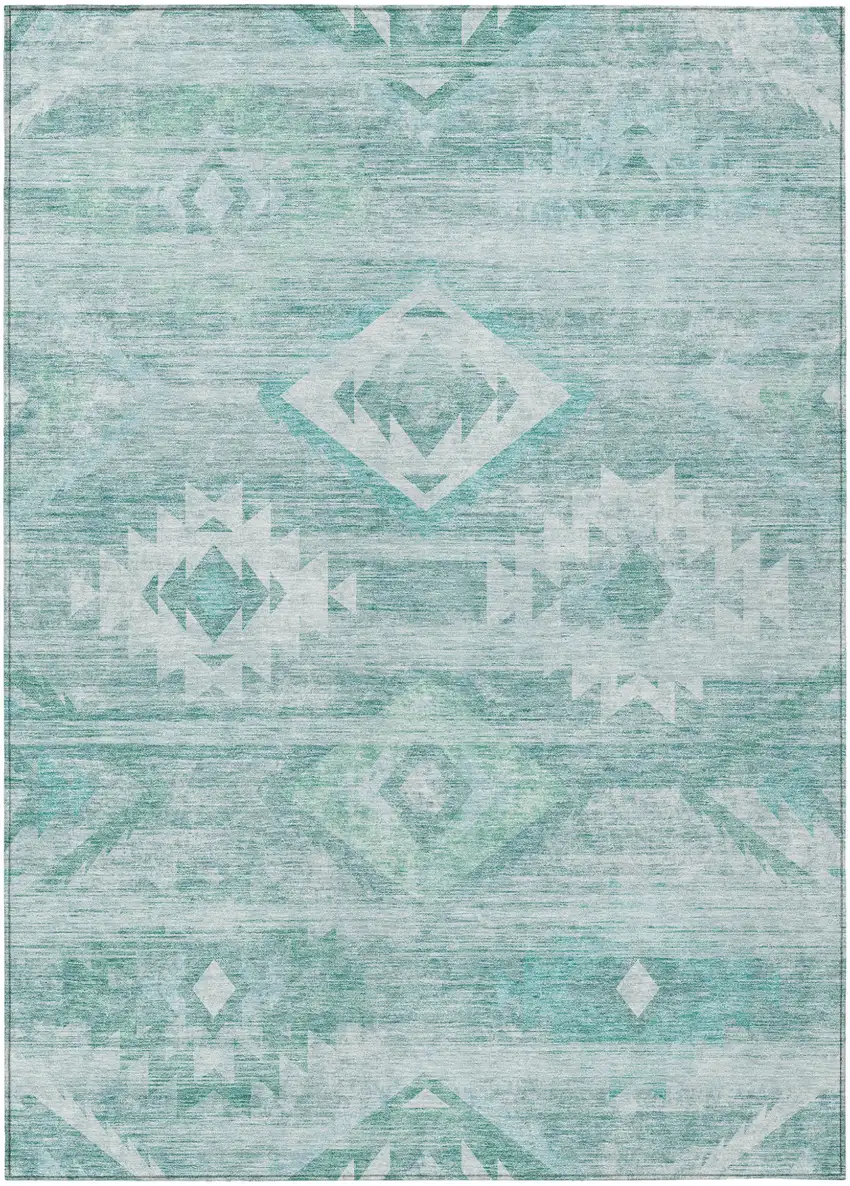 Aqua Turquoise And Ivory Southwestern Washable Indoor Outdoor Area Rug Photo 2