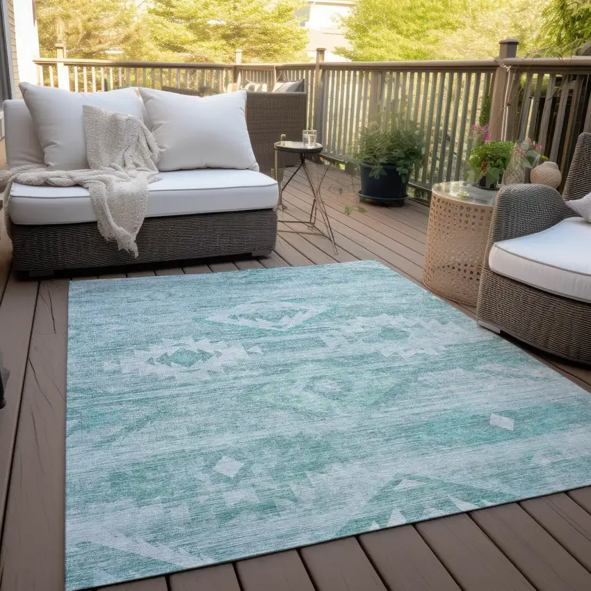 Aqua Turquoise And Ivory Southwestern Washable Indoor Outdoor Area Rug Photo 9