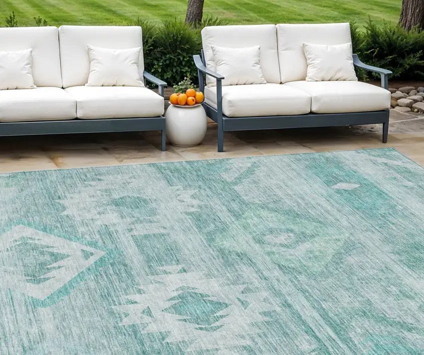Aqua Turquoise And Ivory Southwestern Washable Indoor Outdoor Area Rug Photo 1