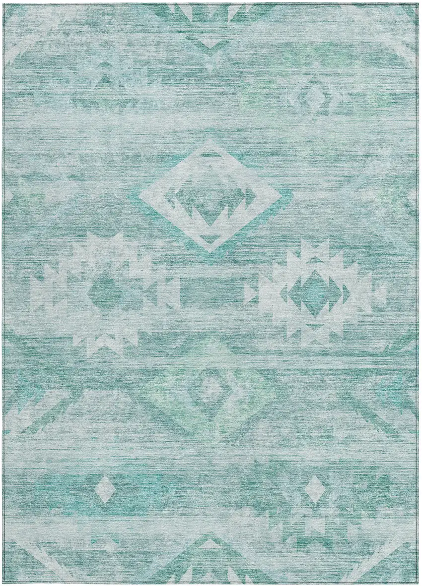 Aqua Turquoise And Ivory Southwestern Washable Indoor Outdoor Area Rug Photo 7