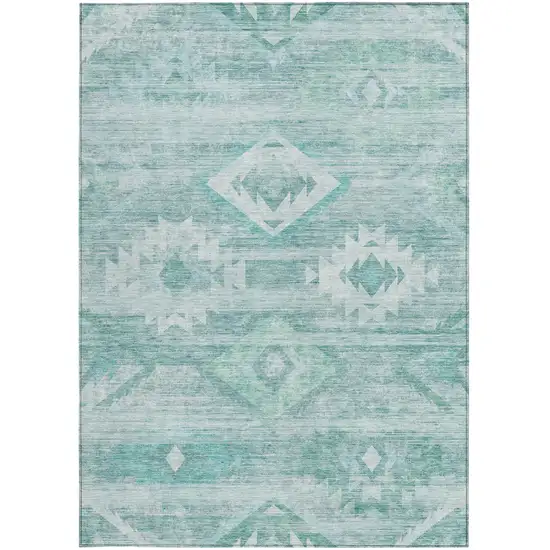 Aqua Turquoise And Ivory Southwestern Washable Indoor Outdoor Area Rug Photo 7