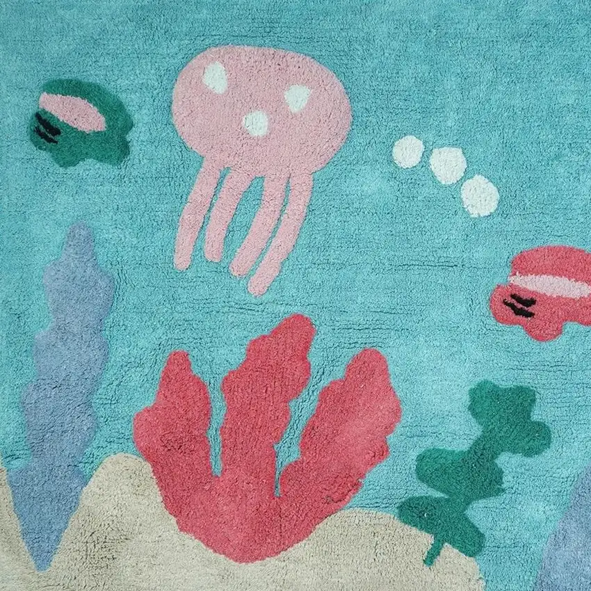 Aqua Yellow And Coral Starfish Youthful Washable Area Rug Photo 4